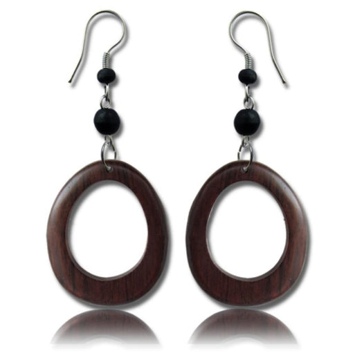 Tribal Ohrringe Sono Holz oval Edelstahl braun Perlen schwarz Ohrstecker Ohrhänger