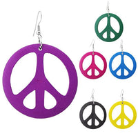 Load image into Gallery viewer, Fünf bunte, runde Holzohrringe (Peace-Zeichen, 50 mm Ø), aus Edelstahl (nickelfrei), in Lila, Grün, Pink, Blau und Gelb. Der größte ist lila. Modell: Tribal Ohrhänger – Holzohrringe bunt.
