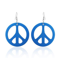 Load image into Gallery viewer, A pair of Holzohrringe Holz rund Peace 50 mm Ø, colorful wooden peace sign earrings with stainless steel nickel-free hooks, displayed against a white background.

