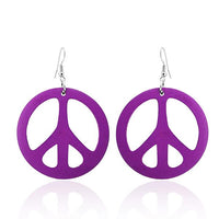 Load image into Gallery viewer, A pair of large, colorful, round Holzohrringe (50 mm) with a cut-out Peace symbol design and nickel-free stainless steel hooks.
