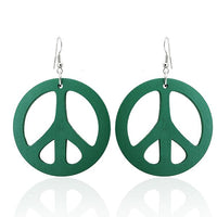 Load image into Gallery viewer, A pair of colorful, round Holzohrringe (wooden earrings), 50 mm in diameter, featuring a peace symbol design with stainless steel, nickel-free hooks.
