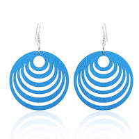 Load image into Gallery viewer, A pair of 50 mm round, colorful Holzohrringe "Halbkreise Damen Ohrringe Holz Ohrhänger Organic" with curved cut-out designs and silver, nickelfrei hooks, displayed on a white background.

