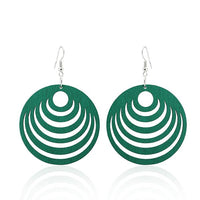 Load image into Gallery viewer, A pair of colorful, round 50 mm Holzohrringe with concentric semi-circles, hanging from silver nickelfrei hooks; "Holzohrringe bunt 50 mm rund Halbkreise Damen Ohrringe Holz Ohrhänger Organic.

