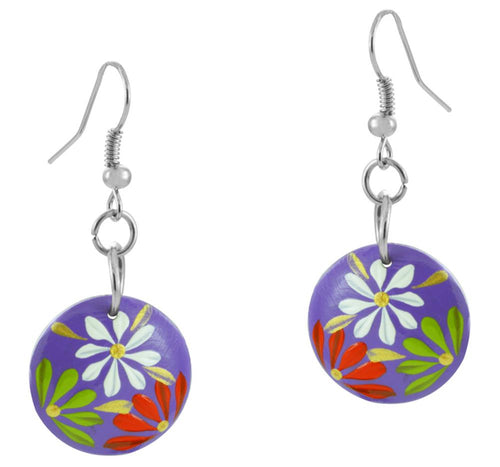 Holzohrringe Blumen lila 20 mm Ohrringe Holz Edelstahl Ohrhänger Damen Organic Schmuck Scheibe