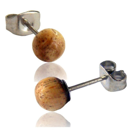 A pair of Holzohrstecker Ohrstecker Edelstahl in light brown with 7 mm round beads, unisex design, featuring nickelfree silver posts and butterfly backs.