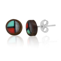 Load image into Gallery viewer, These unisex 8 mm round stud earrings feature a star design with coconut wood, stainless steel, shell, and stone inlay. The Ohrstecker have silver posts and butterfly backings for secure wear.
