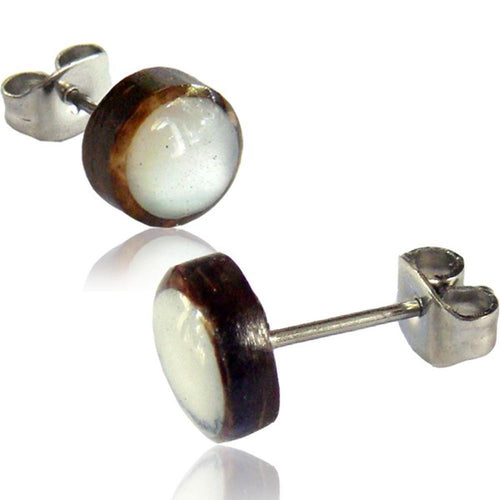 Ohrstecker Kokosnuss rund 8mm dunkelbraun Perlmutt weiß Edelstahl Stift Kokosnuss Holzohrstecker