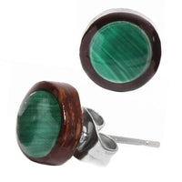 Load image into Gallery viewer, These unisex round 8 mm stud earrings feature a green stone star inlay, surrounded by coconut wood and stainless steel—ideal for adding organic style to any earring collection.
