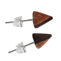 Load image into Gallery viewer, The Holzohrstecker Ohrstecker Holz Kegel 925er Sterlingsilber 8 mm Maserung feature cone-shaped wooden tops in a medium to dark brown gradient with sterling silver posts, shown horizontally on a white background.
