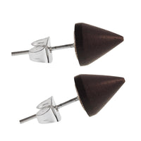 Load image into Gallery viewer, A pair of Holzohrstecker Ohrstecker Holz Kegel 925er Sterlingsilber 8 mm Maserung with pointed, dark brown, cone-shaped wooden fronts and sterling silver posts and butterfly backs, arranged parallel on a white background.
