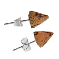 Load image into Gallery viewer, The Holzohrstecker Ohrstecker Holz Kegel 925er Sterlingsilber 8 mm Maserung features cone-shaped wooden tops with natural brown-black grain, set on 925 sterling silver posts with butterfly clasps.
