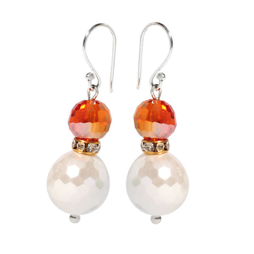 Perlenohrringe Perle orange Glaskristall Zirkonia Glitzerring 925er Sterlingsilber-Bügel 25 mm