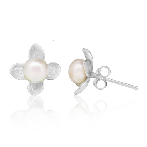 Blume vierblättrig Perlen Ohrstecker 925er Sterling Silber Zuchtperle Perlenohrstecker
