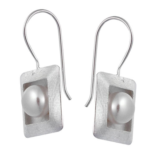 Perlenohrringe eckig weiß oxidiert innen 15 mm gekratzt Perle 925 Sterling Silber Ohrringe Ohrhänger