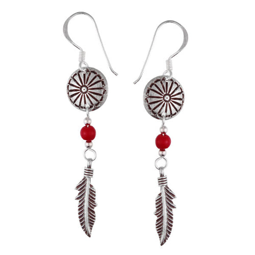 Ohrhänger Koralle Perle Rot Feder Sterling Silber Ohrringe Damen Indianer Schmuck