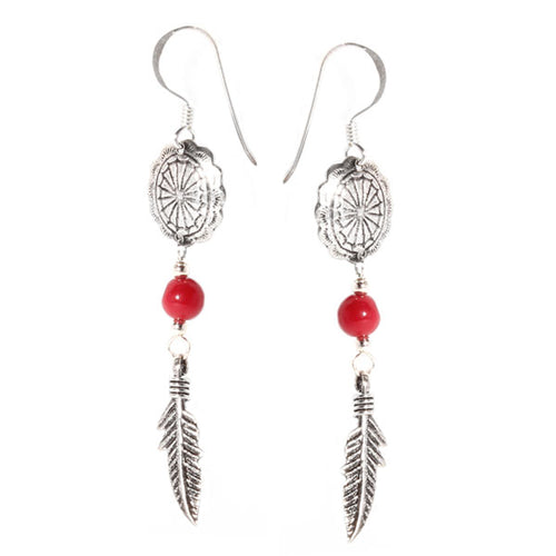 Ohrhänger Koralle Perle Rot Feder oval 925er Sterling Silber Ohrringe Damen Indianer Schmuck