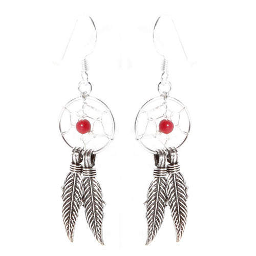 Ohrhänger Koralle Perle Rot Feder Traumfänger 925er Sterling Silber Ohrringe Damen Indianer Schmuck