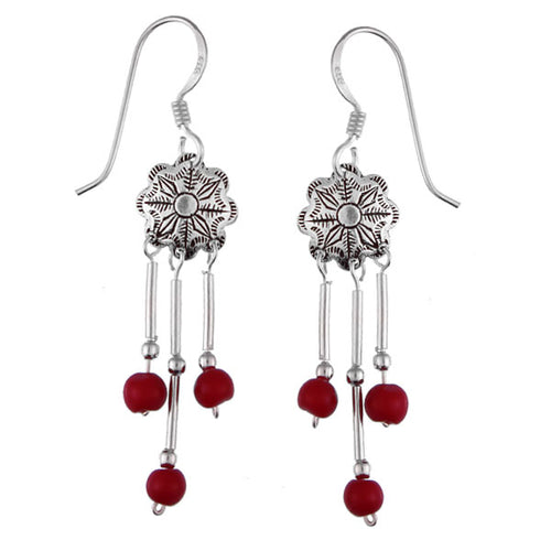 Ohrhänger Koralle Perlen Rot Blume Stäbe lang Sterling Silber Ohrringe Indianer Schmuck Damen