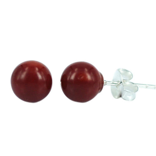 Ohrstecker, 6mmØ, Rot, aus Bambookoralle, rund, 925er Sterlingsilber-Stift