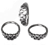 Load image into Gallery viewer, Shown from various angles against a white background, these Nostril Piercing Nasenringe Silber Spirale (10 mm/0.8 mm) feature an ornate looping design, giving them a vintage look ideal for nostril or spiral piercings.
