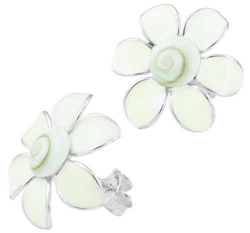 Shivaauge gebogen Emaille Blume weiß Ohrstecker 925er Sterling Silber Shiva Auge Damen