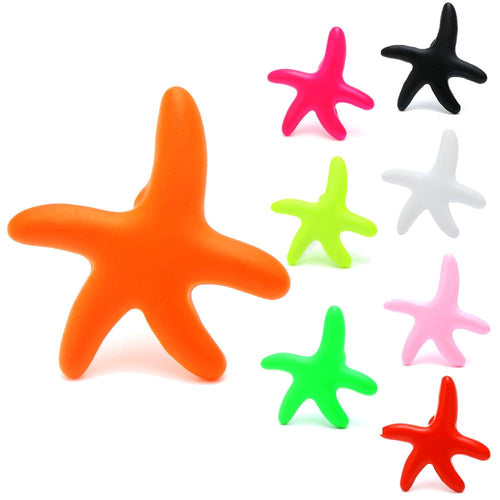 Nine vibrant brass star-shaped stud earrings (12 mm, unisex, nickel-free stainless steel) are shown on a white background in orange, pink, black, yellow, white, green, light pink, red, and light green.