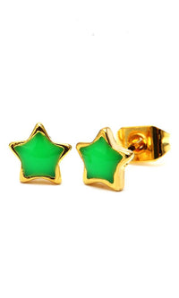 Load image into Gallery viewer, Pair of Brass Ohrstecker Stern 6 mm, gold-colored and nickelfrei Messing, with bright bunte Emaille centers, shown on a white background—one earring displays the front, the other shows the back and clasp.
