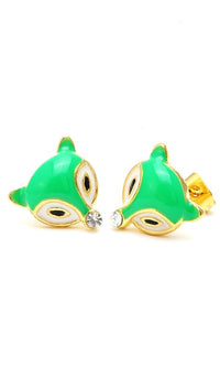 Load image into Gallery viewer, A pair of Brass Ohrstecker Fuchs Kristall 12 mm, featuring gold and colorful enamel, faceted crystals, and a fox design, are displayed on a white background. The studs are nickelfree and made of brass.
