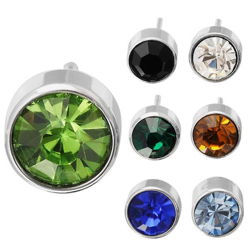Six round 6mm Brass Ohrstecker earrings, silver-plated with faceted Glaskristall in green, black, white, teal, amber, blue, and light blue. All are nickelfrei for comfort. The green gemstone stands out the most.