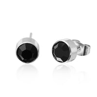 Load image into Gallery viewer, A pair of "Brass Ohrstecker silber Glaskristall facettiert 6mm rund bunt hoch" featuring round, faceted colored glass crystals in a simple bezel setting on silver-toned brass, nickelfrei for comfortable wear. Displayed on a white background.
