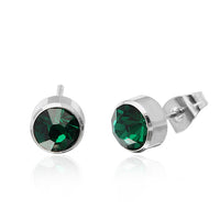 Load image into Gallery viewer, Pair of Brass Ohrstecker silber with 6mm round, faceted, colorful Glaskristall gemstones shown on a white background—one earring upright, the other on its side displaying the post and nickel-free backing.
