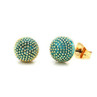 Cargar imagen en el visor de la galería, A pair of Ohrstecker, 18 karat gold-plated copper half-spheres with blue-turquoise enamel, pink dots, gold-tone details, and nickel-free emaille surface.
