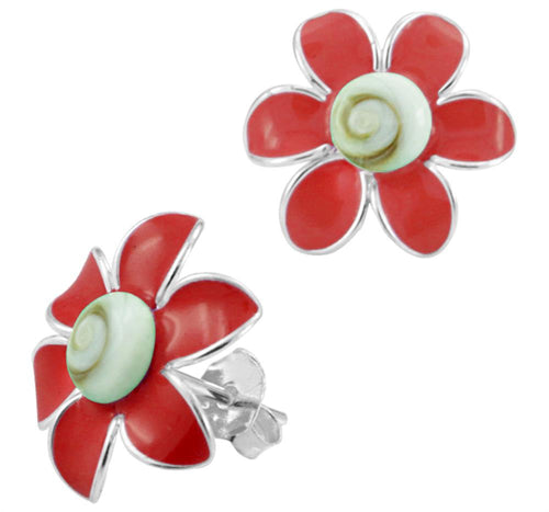 Shivaauge Emaille Blume rot Silberohrringe Ohrstecker 925er Sterling Silber Shiva Auge Damen
