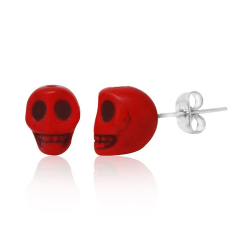Totenkopf Stein Ohrstecker marmoriert rot Edelstahl Chirurgenstahl Unisex Schmuck Ohrringe