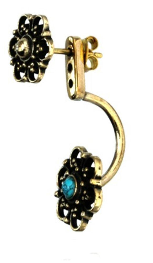 Messing Ohrstecker antik golden Ear Jacket Blumen Türkis Onyx Doppelohrstecker