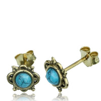 Load image into Gallery viewer, Messing Stein Türkis Onyx Ohrstecker antik golden
