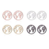 Load image into Gallery viewer, Four pairs of Edelstahl Ohrstecker Welt Kugel Globus Erde 12mm are displayed in rose gold, silver, gold, and black finishes with a cutout world map design—stylish stainless steel studs arranged neatly on a white background.

