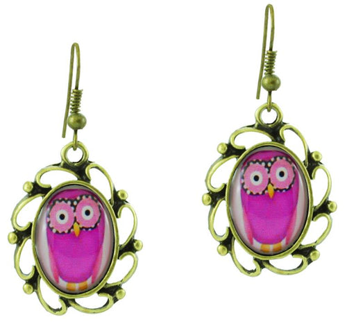 Ohrringe Messing Damen Ohrhänger Kupfer Ohrschmuck Schmuck Motiv Eule pink