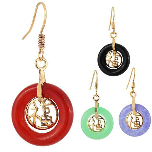 Four Brass Ohrringe Ohrhänger Damen with circular hoops in red, black, green, and purple, each with a gold hook and dangling Katzenauge rund cut-out charm.