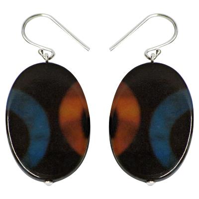 Perlmuttmuschel-Ohrringe, ovale schwarze Perlmutt-Ohrringe mit rot-blauem Muster und Bügel aus 925 Sterlingsilber