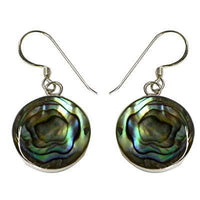 Load image into Gallery viewer, A pair of colorful round Abalone Paua Muschel Perlmutt earrings with shimmering green, blue, and black swirls, crafted from 925er Sterling Silber and featuring elegant silver hooks.
