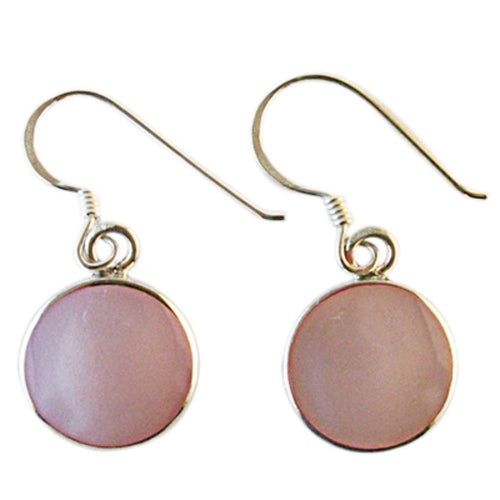 Damen Ohrringe Ohrhänger, rund mit weiß-rosa Perlmutt, in 925 Sterling Silber eingefasst und an schlichten Haken befestigt.