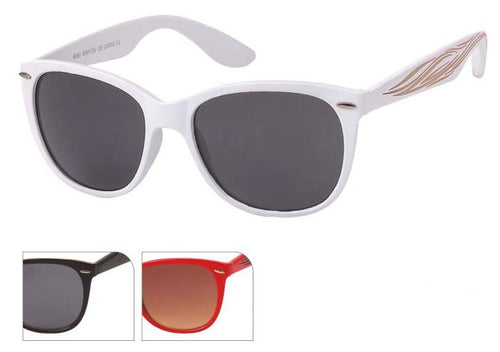 The Sonnenbrille Nerdbrille Atzenbrille getönt 400UV Tattoo features a white frame, dark lenses, and brown wavy arms. Smaller images display the same model in black with dark lenses and red with brown lenses.