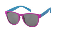 Load image into Gallery viewer, The Sonnenbrille Nerdbrille Atzenbrille getönt 400UV grau zweifarbig features black lenses, a bright pink front frame, and blue arms, displayed on a white background.
