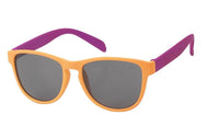 Load image into Gallery viewer, The Sonnenbrille Nerdbrille Atzenbrille getönt 400UV grau zweifarbig, with orange frames, dark lenses, and purple arms, is displayed against a white background.
