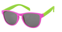 Load image into Gallery viewer, The Sonnenbrille Nerdbrille Atzenbrille getönt 400UV grau zweifarbig features dark tinted lenses, a vivid pink frame, and neon green arms—a bold unisex accessory for standout style, displayed on a white background.
