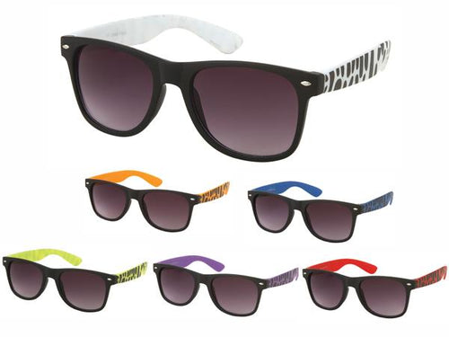 Seven pairs of Sonnenbrille Zebra Kleckse Unisex Nerd Brille, each with black front frames and zebra-stripe arms in white, orange, yellow, purple, blue, red, and green. Dark tinted lenses and 400 UV protection in retro style included.