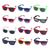 Load image into Gallery viewer, Twelve pairs of Sonnenbrille Nerd einfarbig Unisex Brille are arranged in four rows, each with different colored mirrored frames and 400 UV protection for stylish, colorful eye safety.
