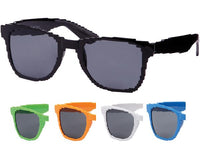 Load image into Gallery viewer, Five pairs of Sonnenbrille Nerdbrille kantig Party Brille bunt are shown: one large black pair above, four smaller below in green, orange, white, and blue. All have a retro pixel look, dark 400UV lenses, and are perfect as unisex party sunglasses.
