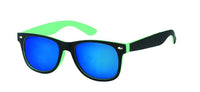 Load image into Gallery viewer, Sonnenbrille verspiegelt schmal 400 UV Nerdbrille mit schwarzem Rahmen und buntem Innenrand sowie reflektierenden blauen Gläsern, bietet UV-Schutz 400 und ist auf weißem Hintergrund präsentiert.
